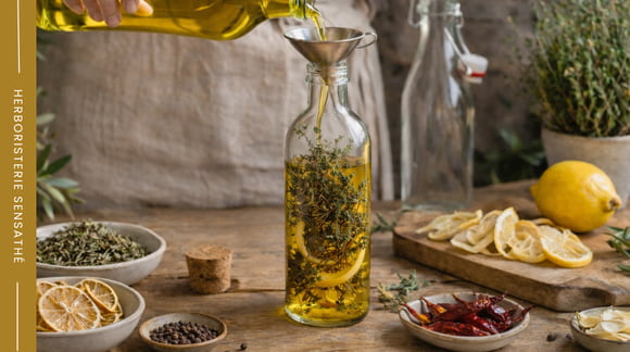Préparation maison d’une huile d’olive infusée au thym bio avec entonnoir et bouteille en verre - Herboristerie Sensathé Préparation maison d’une huile d’olive infusée au thym bio avec entonnoir et bouteille en verre - Herboristerie Sensathé